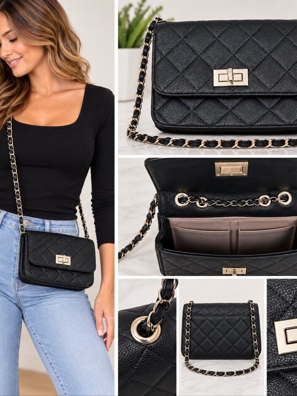 Chic Black Quilted Crossbody Bag with Chain Strap